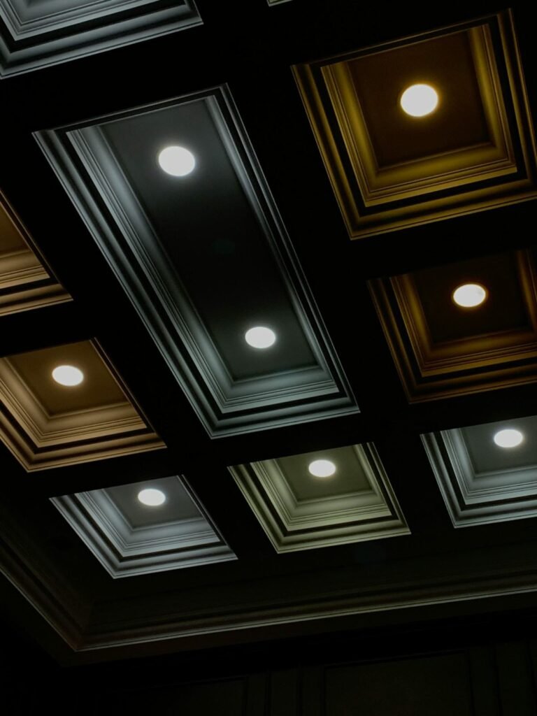 Recessed LED ceiling lights in a decorative coffered ceiling in West Palm Beach, FL